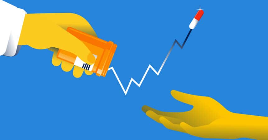 Illustration of a doctor's hand shaking a pill from a prescription bottle into a patient's hand with a rising graph, illustrating the blog topic "Checking Medicare Part D Drug Coverage During Open Enrollment"